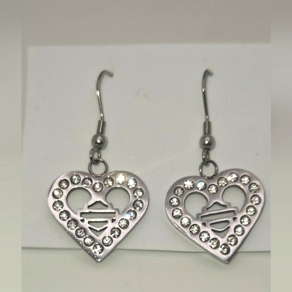 🟢3/$19🟢 Harley Davidson Style BIKER Steel Silver Crystal Heart Dangle Earrings - Picture 3 of 3